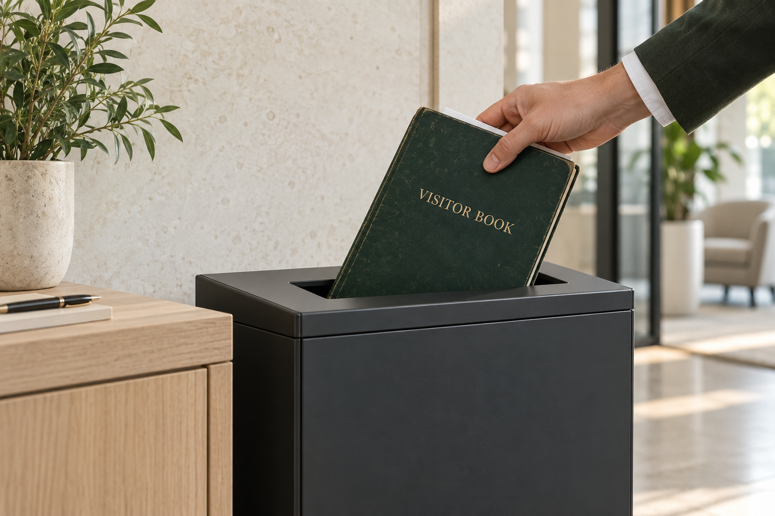 Libro de visitas en papel eliminado de forma segura para proteger los datos de los visitantes